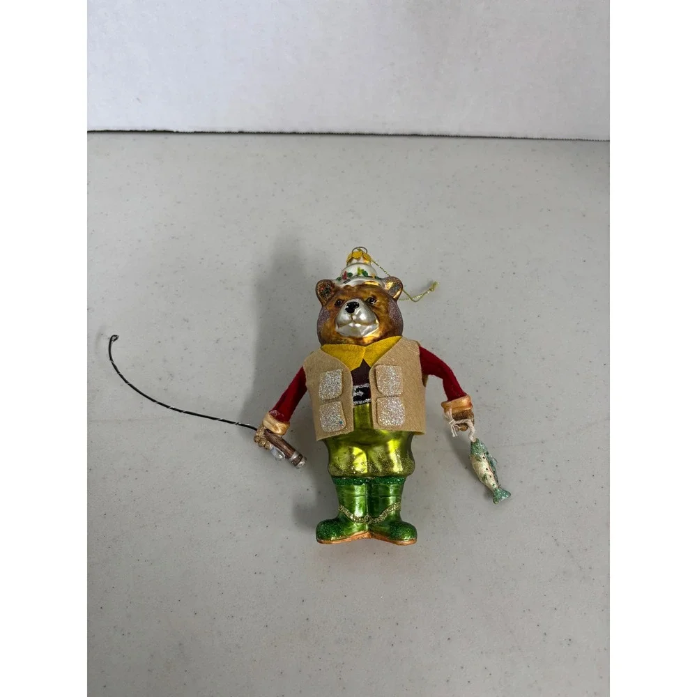 Fishing Bear Mercury Glass‎ Christmas Ornament Brown Bear Fisherman Vest Waders